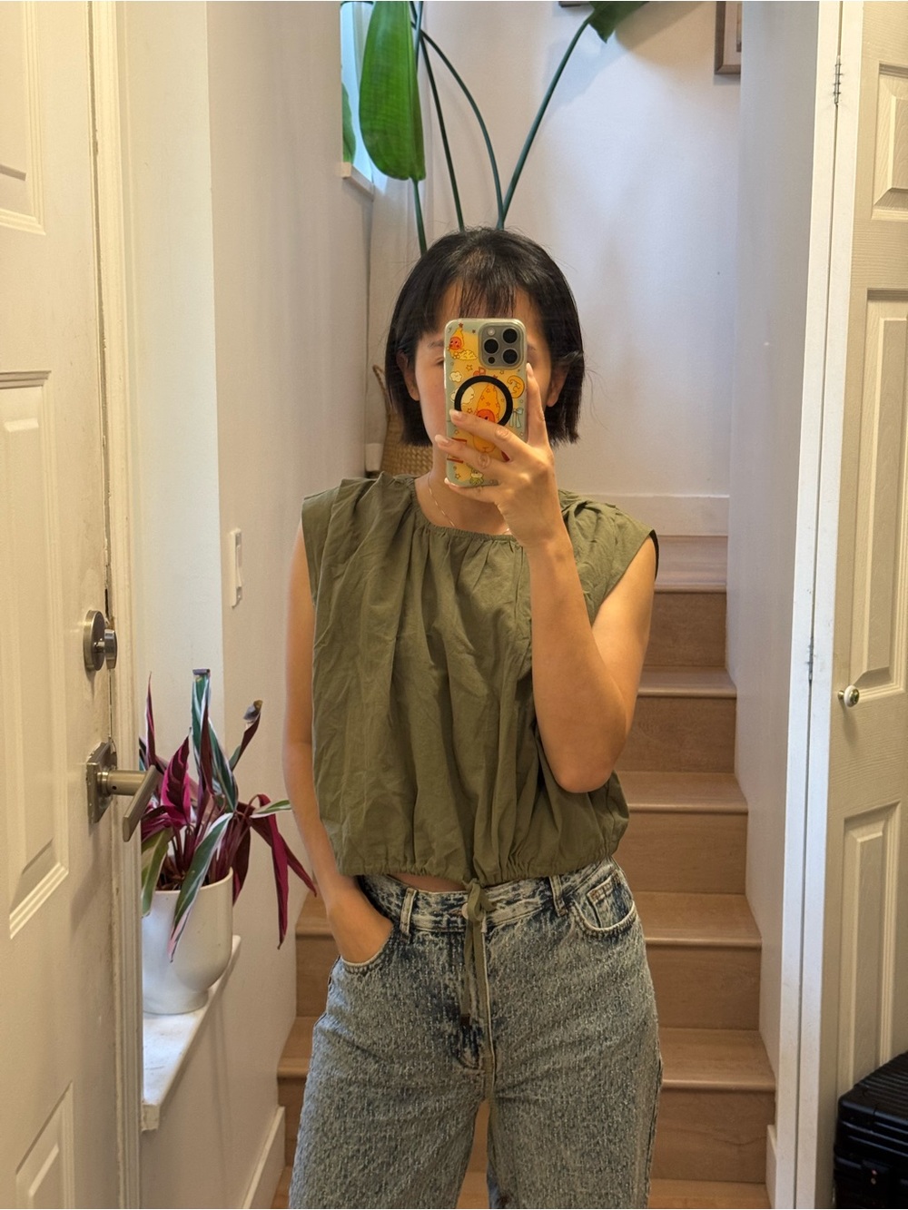 Little Mountain Sleeveless Olive Green Tie-Hem Top